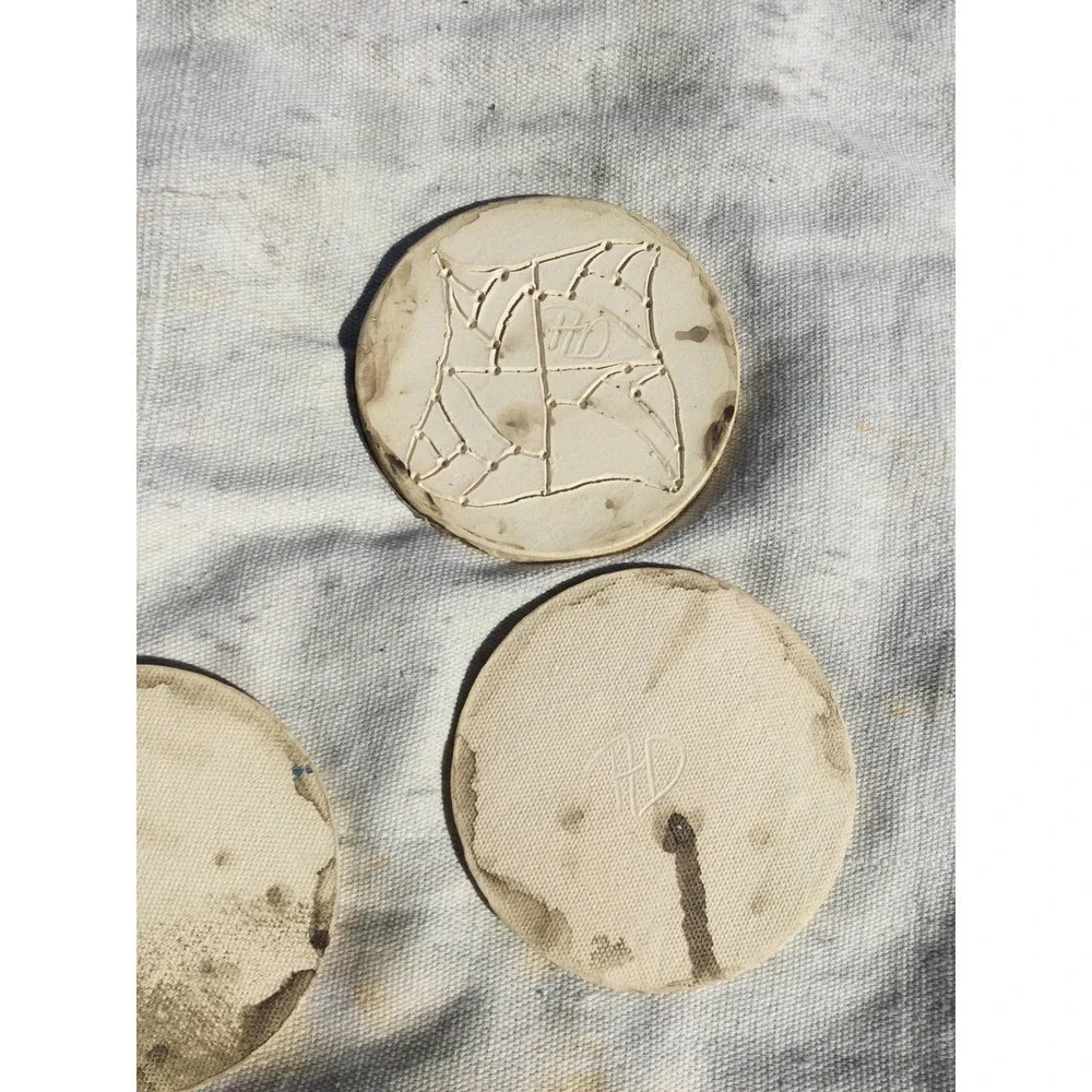 Handmade art pottery coasters set of 3‎ green red cream 4” mushroom signed cells